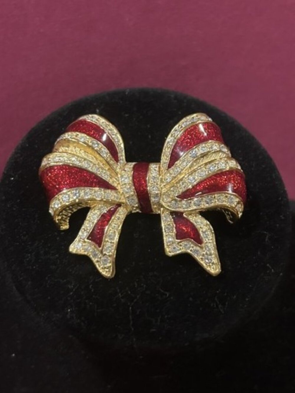 ROMAN Red Enamel Gold Rhinestone BOW Holiday BROOCH